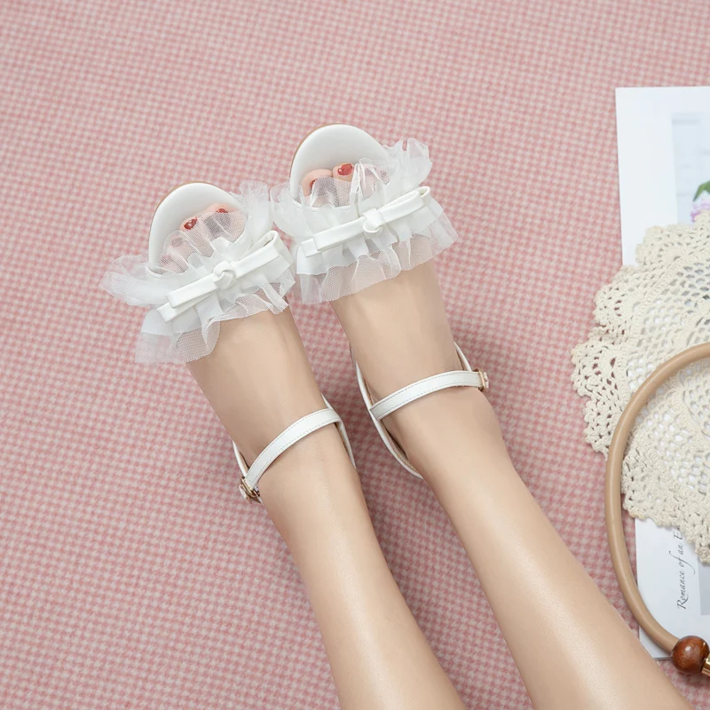 Summer Ladies Lace Bow Wedding Shoes Bridal Sandals Women Stiletto Lolita Heels Female Bride Princess Sandal Pink White Big Size