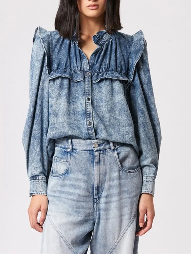 

Женская джинсовая рубашка с воротником-стойкой, однобортная блузка из 100% хлопка в стиле ретро с оборками и летящими рукавами, весна 2023