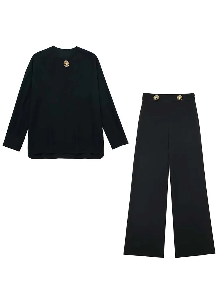 

KLKXMYT TRAF женские комплекты из 2 предметов 2023 Новая модная блузка на пуговицах с разрезом Костюмные прямые брюки повседневный комплект из двух...