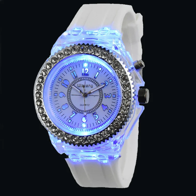 Enlarge Luminous watch Rhinestone LED flash men's and women's silicone quartz popular luminous sports watch