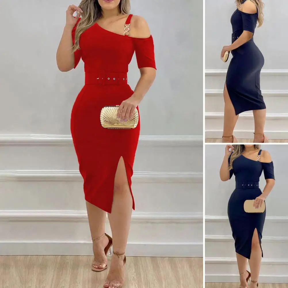 

Single Shoulder Strap Chain Decor Short Sleeve Side Split Bodycon Dress Sexy Skew Collar Belt Bodycon Hip Wrap Dress Party Cloth