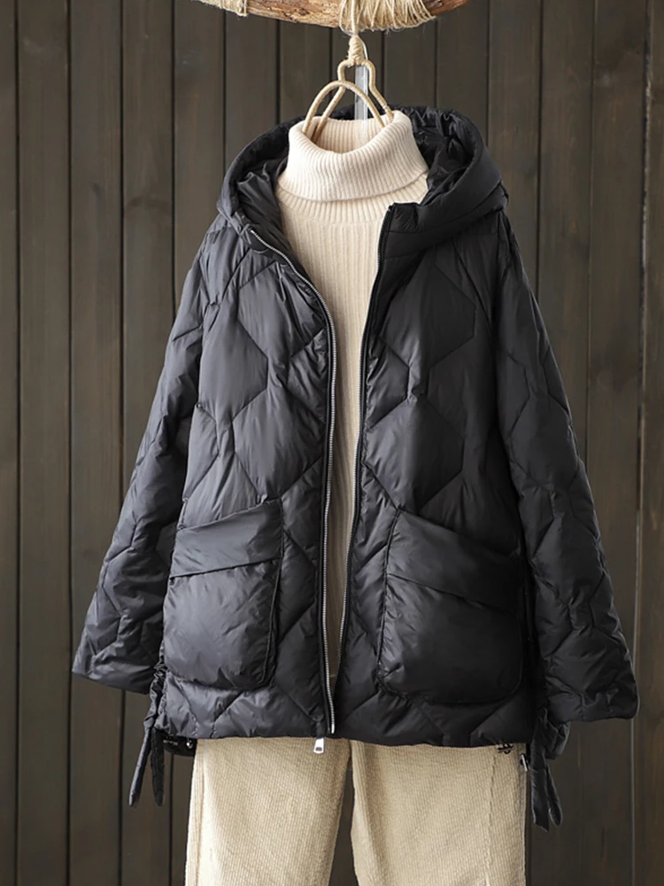 

2022 Autumn Winter Women Hooded Loose 90% White Duck Down Parka Casual Female Zipper Pocket Thick Warm Coat Outwear