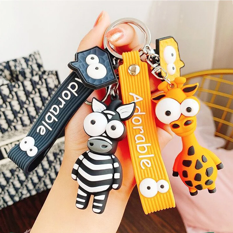 

New Funny Animal Keychain for Kids Boys Girls Backpacg Car Pendant with Strap Cute Elephant/ Giraffe/ Zebra Big Eyes Key Chains