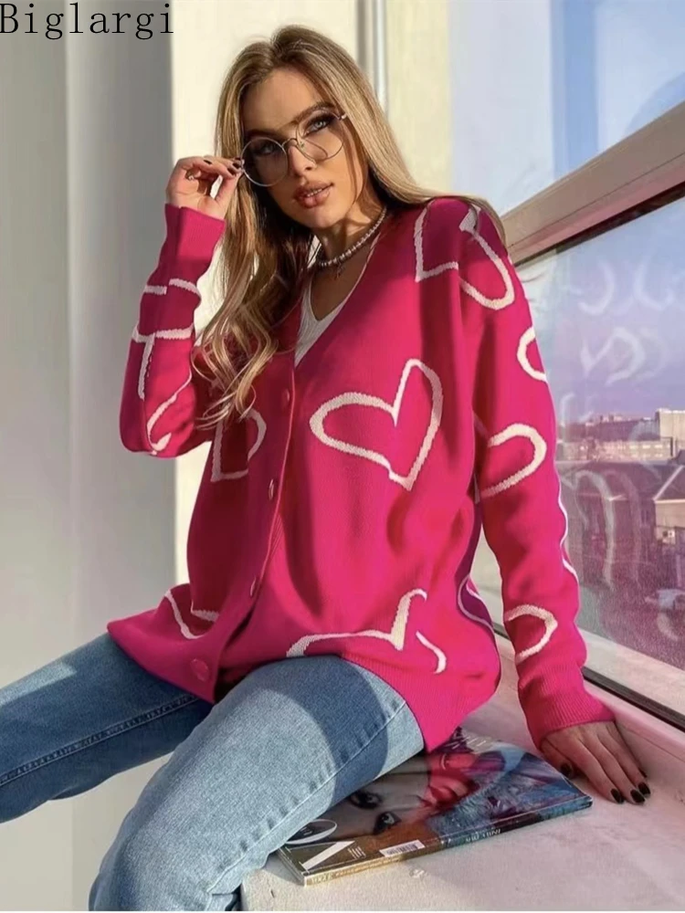 

Женский вязаный кардиган с принтом, повседневный Свободный кардиган в форме сердца, корейский свитер для осени и зимы, 2022