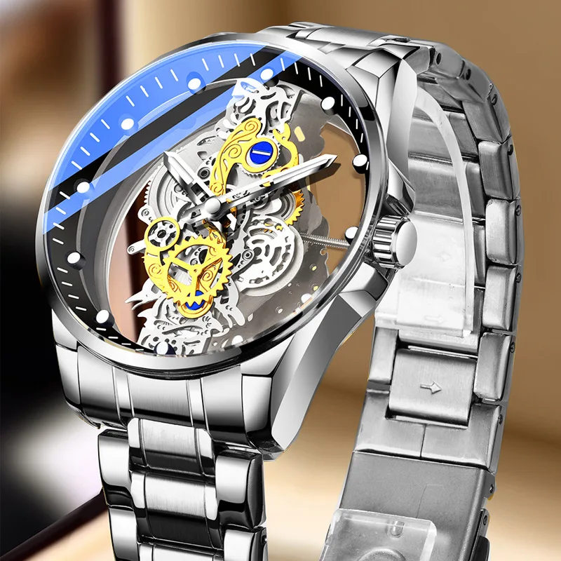 Double sided Hollow out Full Automaton Non mechanical Watch Core Toflywheel Watch Men's Waterproof Glow in the Dark Treg New