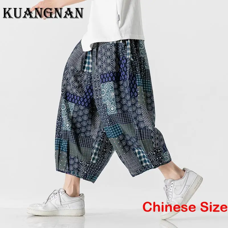 

KUANGNAN Cotton Linen Printed Baggy Pants Men Trousers Luxury Clothing Menswear Hip Hop Man Wear to Work Male Clothes 5XL 2023