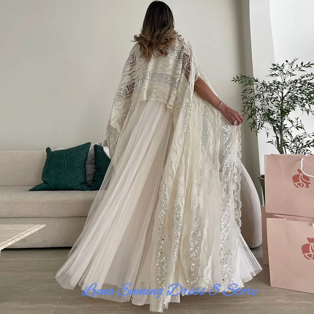 Фото Изысканное бежевое шифоновое вечернее платье с элегантной кружевной накидкой, индивидуальный пошив, нарядные платья для вечеринок, нежные платья с пайетками для особых случаев №4