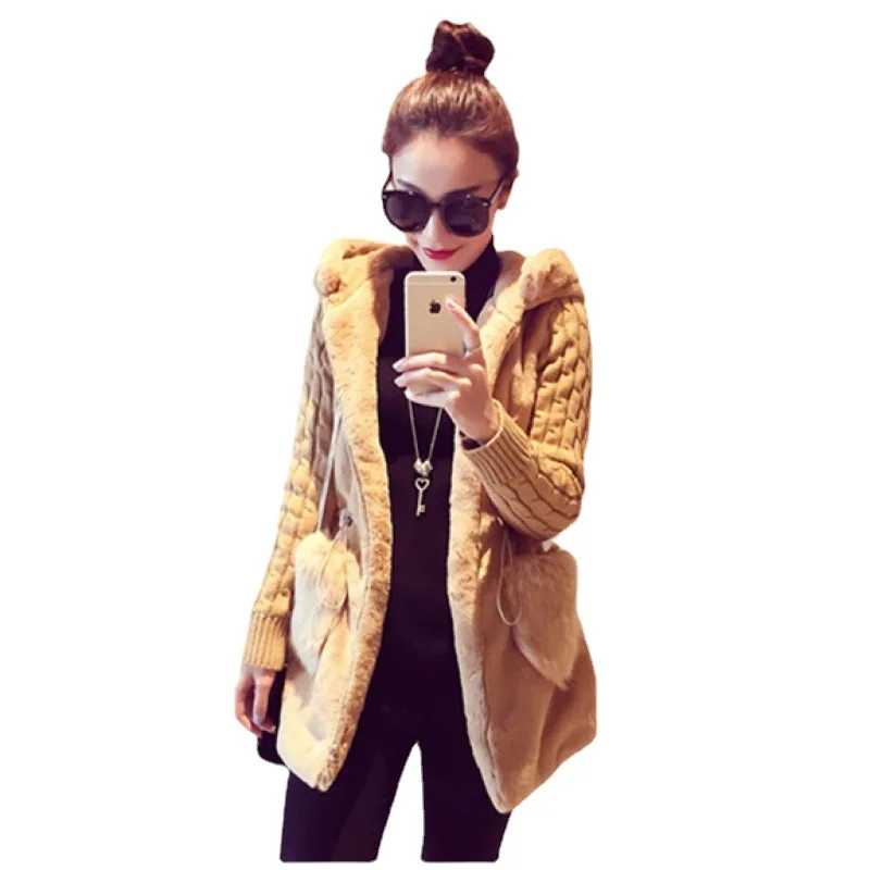 2022 Autumn  Winter  Knitted Sweater Jacket Women Clothing, Vintage Fashion, Plush Fur, Thickened Hooded Coat, Female Coats