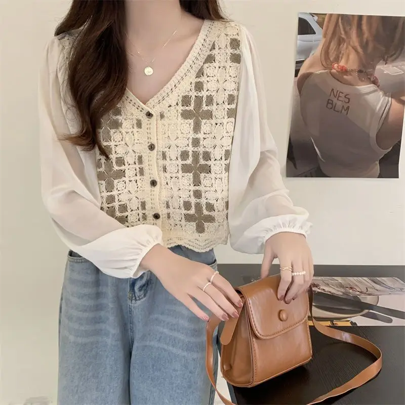 

Embroidered Flower Hollow Lace Shirt Blouse Summer 2023 Fashionable Cardigan Long Sleeve V Neck Spliced Short Blouse Women