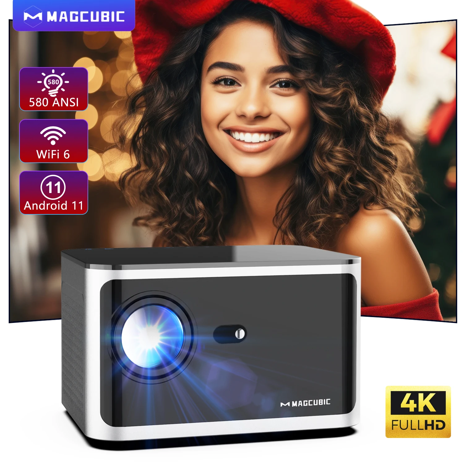 Проектор Magcubic 580ANSI Android 11 4K 1080P Wi-Fi6 голосовое управление Allwinner H713 электронная