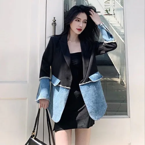 

Spliced Blazers Women Baggy Streetwear Teens Personal American Designer Notched Youth College Clothes Temper Chic Popular