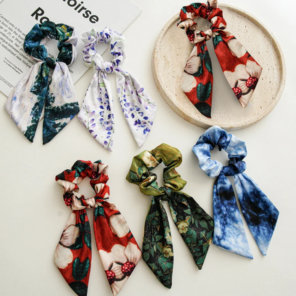 

Fashion Bow Floral Long Ribbon Elastic Hair Band Print Scrunchies Ponytail Hair Rope for Women Girls Headwear Hair Accessories