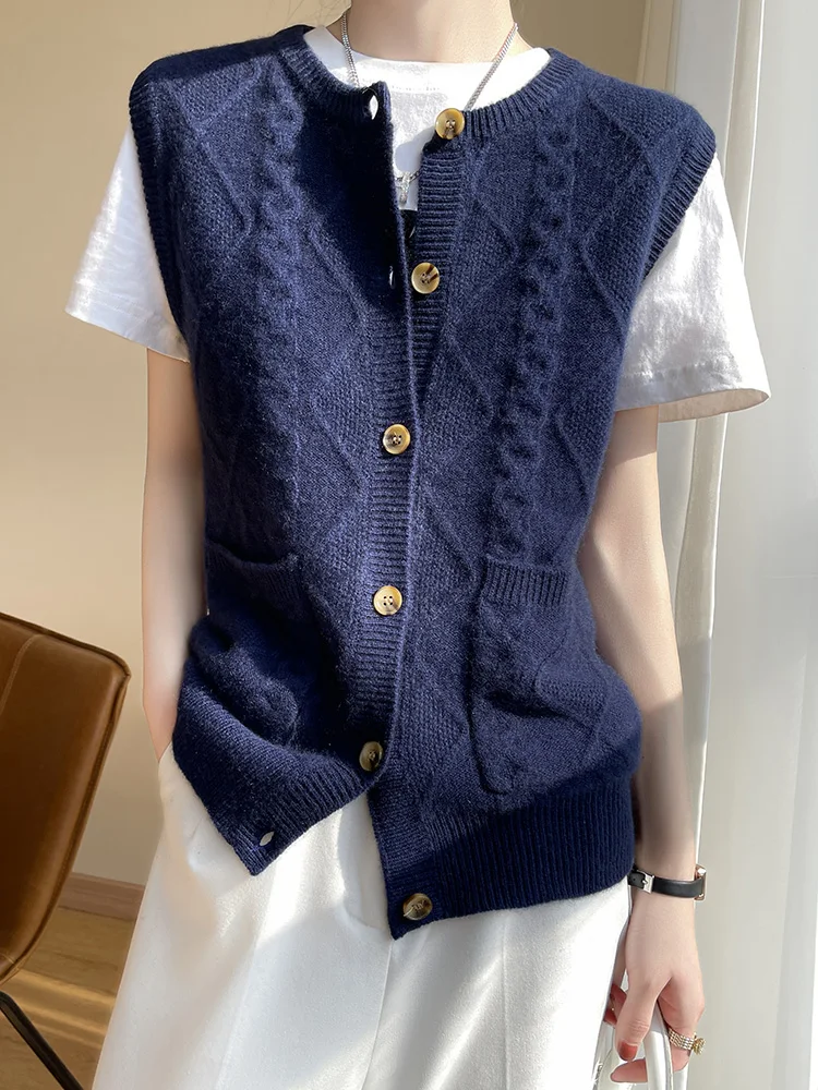 2023 Autumn and Winter New round Neck Women% Woolen Sweater Cardigan Loose Slimming Temperament Fleece Stacked Vest