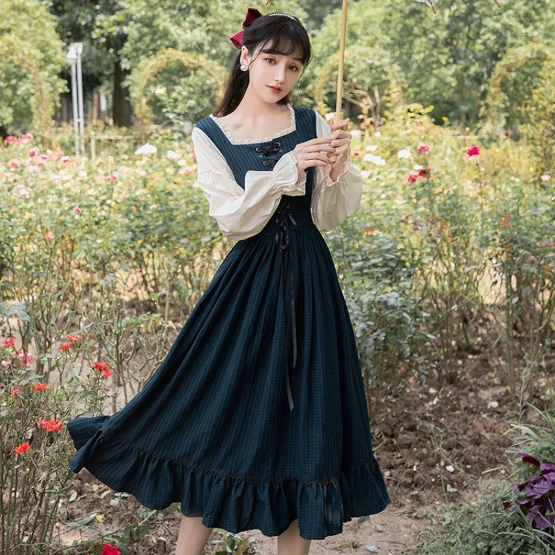 

Платье в пасторальном французском дворцовом стиле для принцессы-бега Повседневный винтажный клетчатый костюм в стиле Лолиты с завышенной талией осенний Женский комплект из двух предметов