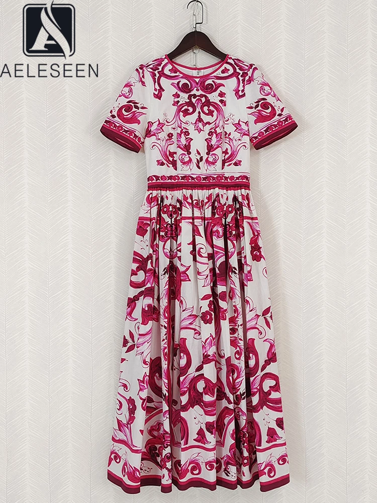 

Женское платье из 100% хлопка AELESEEN, красное платье с цветочным принтом, длинное вечерние, элегантное платье для отпуска из поплина