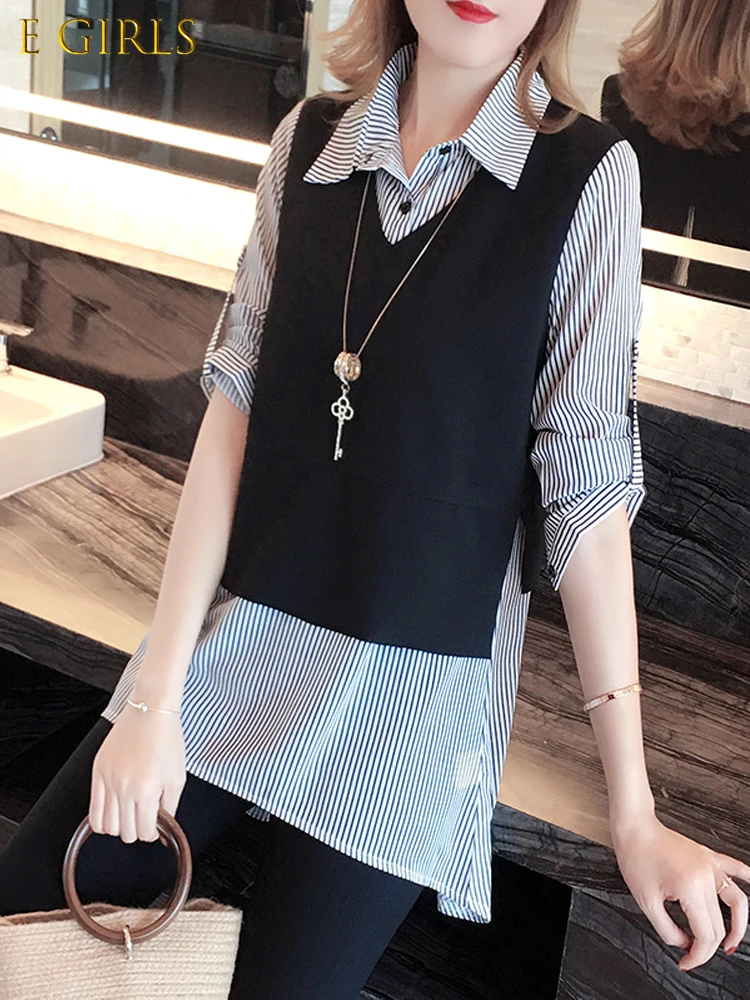 Fake Two Piece Women Blouse Fashion Shirt Plus Size Loose Adjustable Sleeve Female long Shirt Office Lady Tops Work summer 2022