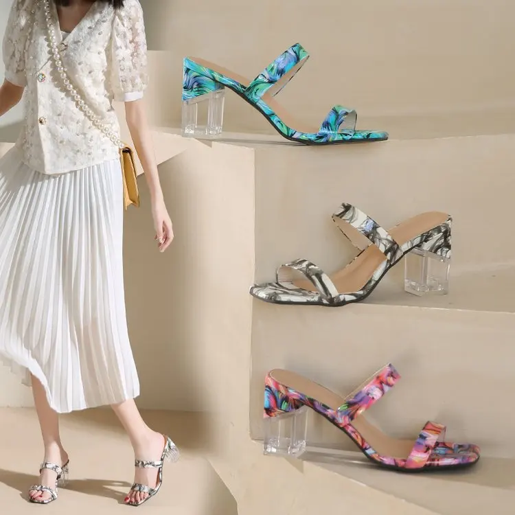 

Shoes Slippers Women Summer Slides Square heel Jelly Flip Flops Low Pantofle Transparent Heel Heeled Mules Block Glitter 2022