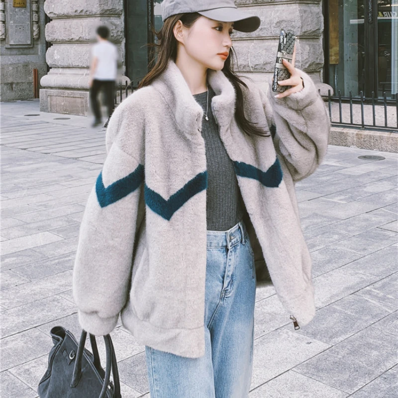 

2023 new style fashionable artificial mink fur coat fo rgirls short little lamb plush thick loose Korean faux fur jacket