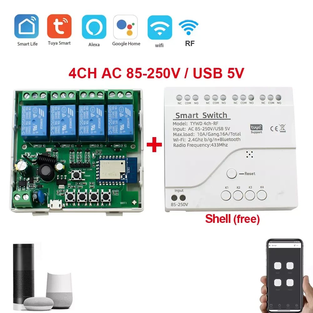

2022 Trend Smart Remote Control Wireless Wifi Switch Module 1/2/4CH DC 7-32V 5V 12V 24V 220V RF Receiver 10A wifi Relay For Alex