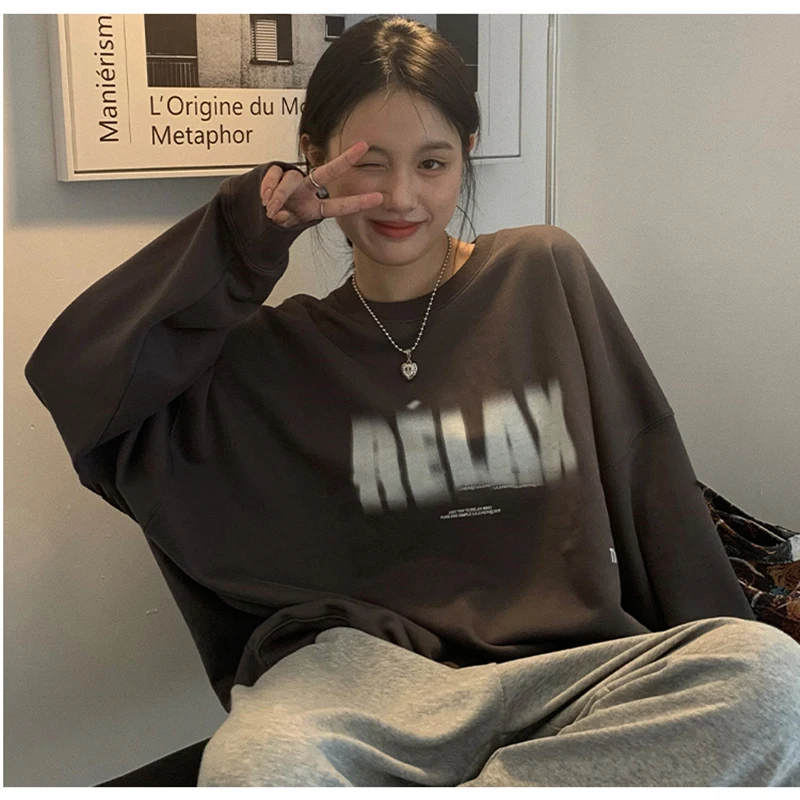 White Womens Pullover Sweatshirt Long Sleeve Baggy American Lazy Style Letter Printing Crew Neck Casual Female Tops Pullover