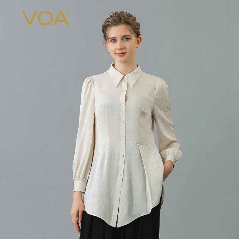 

VOA Jacquard Mulberry Silk Polo Collar Womens Tops Cropped Sleeve Loose Asymmetric Loose-Leaf Elegant Casual Silk Shirt BE1161