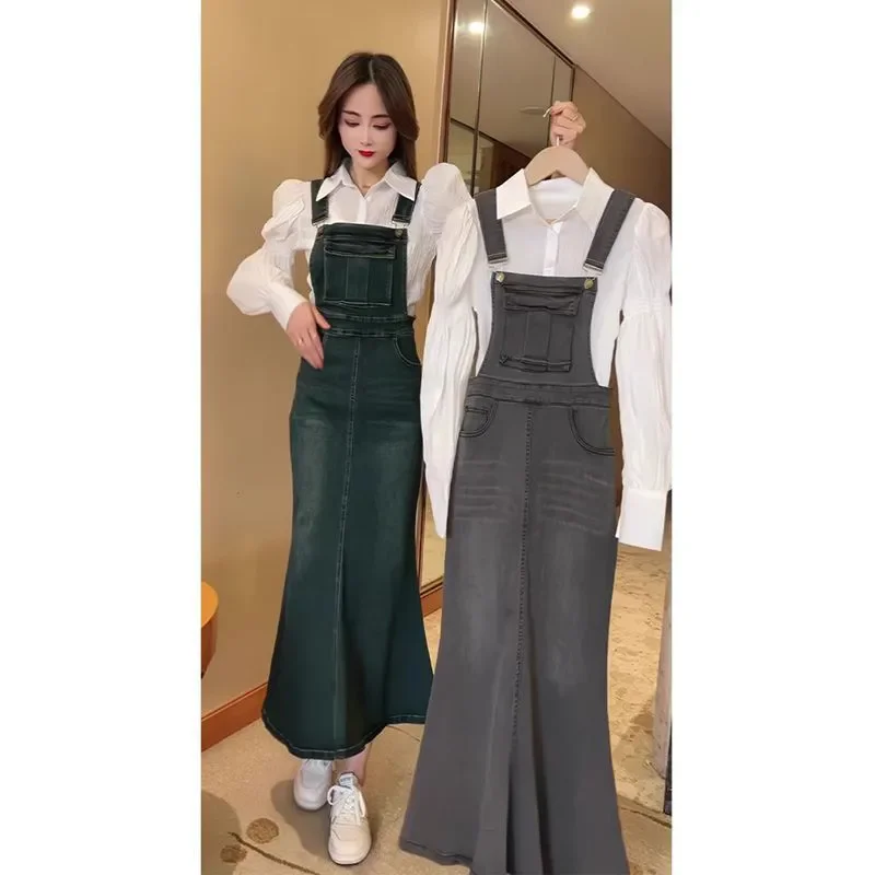 Женский винтажный джинсовый костюм-двойка белая блузка-рубашка с