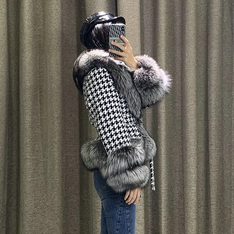 Fur Coat Female 2022 Autumn Winter New Fashion With a Thousand Bird Check Lace-up Furry Warm Silver Fox Fur Jacket Women