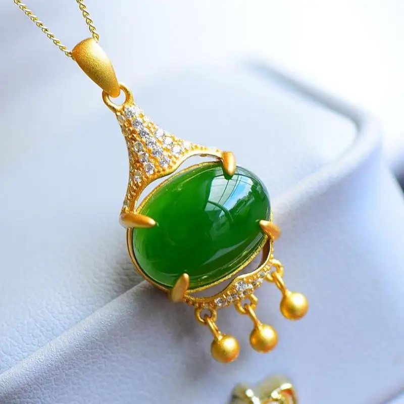 100% Grade A Green Jade Tassel Pendant 925 Sterling Silver Nephrite Hetian Jades Zircon Gold Fringe Charm Silver Necklace Women