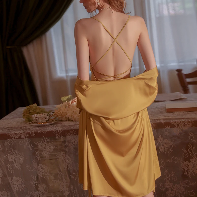 2023 Women Fashion Night Wears Sexy Lace Sweet Pajamas Set Pleated Drawstring Sling Nightdress Robe Women's Homewear Set Yellow