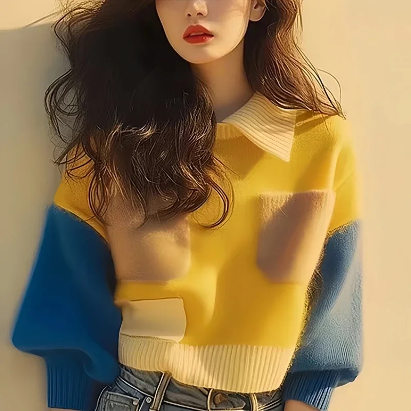 Новый шерстяной свитер женский вязаный модный лоскутный корейский милый пуловер