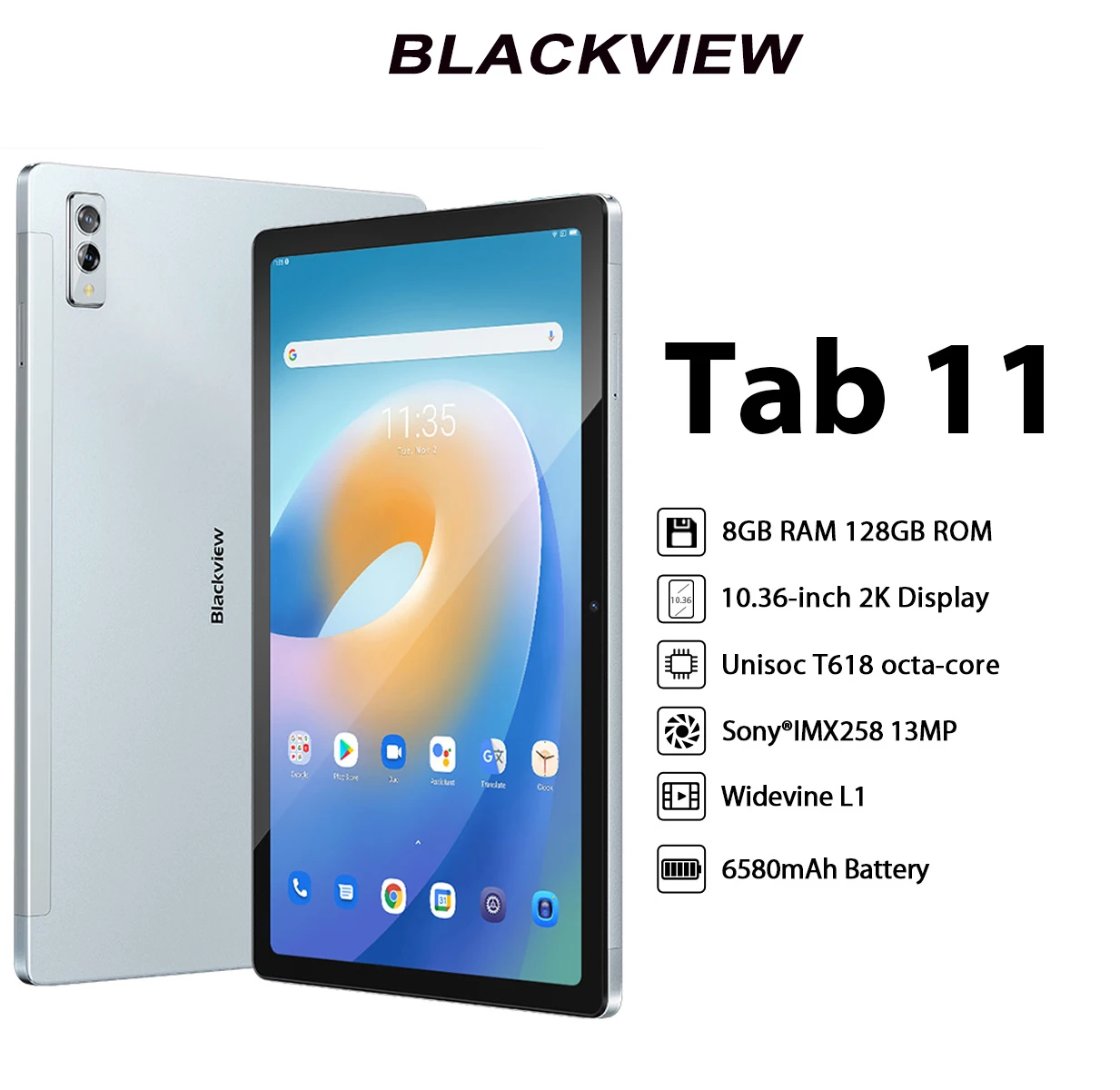 10.36 Inch Blackview Tab 11 Tablet Android 11 Pad 8GB+128GB Unisoc T618 Octa Core 2K Display Octa Core 6580mAh Wifi Tablet PC