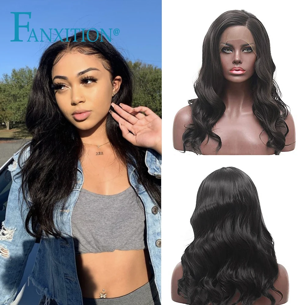 

FANXITION Glueless Synthetic Hair Natural Color Body Wave Lace Front Wigs For Black Women Pre Plucked With Natural Hairline