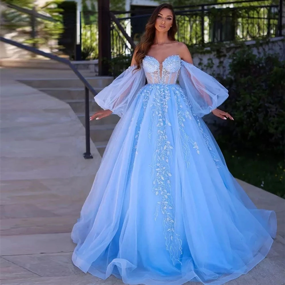 

Gorgeous Blue Prom Dress Off Shoulder Sweetheart Puff Sleeves Beading Pageant Dress Appliqued Illusion Back Photo Shoot Gown