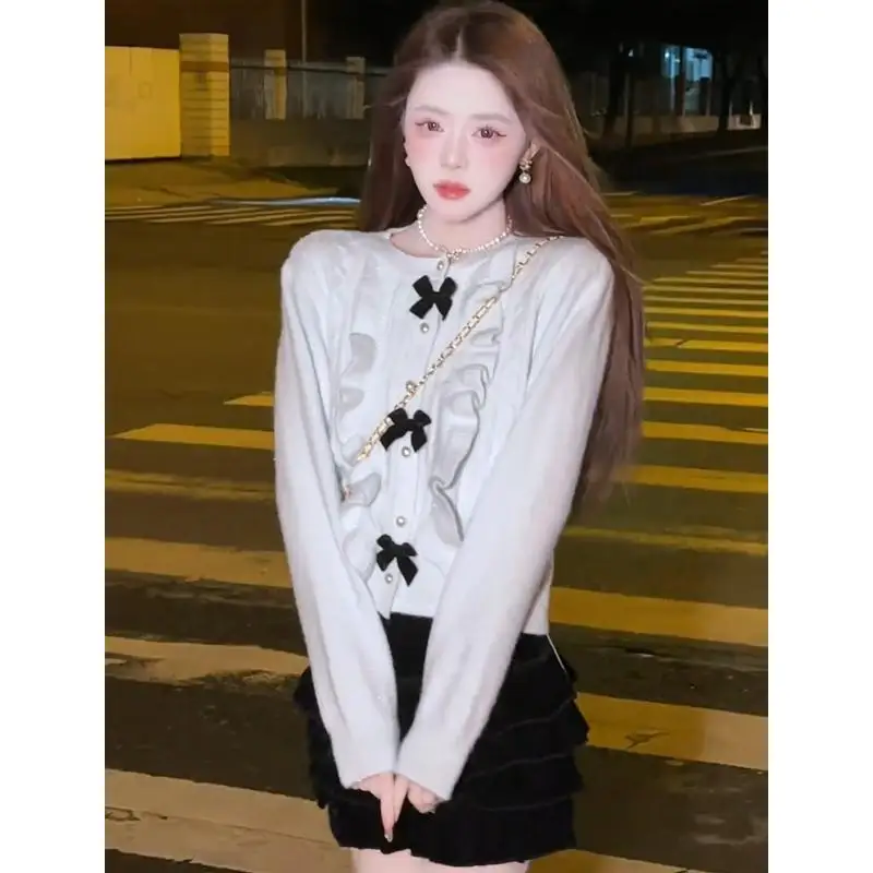 Изящный свитер с бантом во французском стиле кардиган женский осенне-зимний