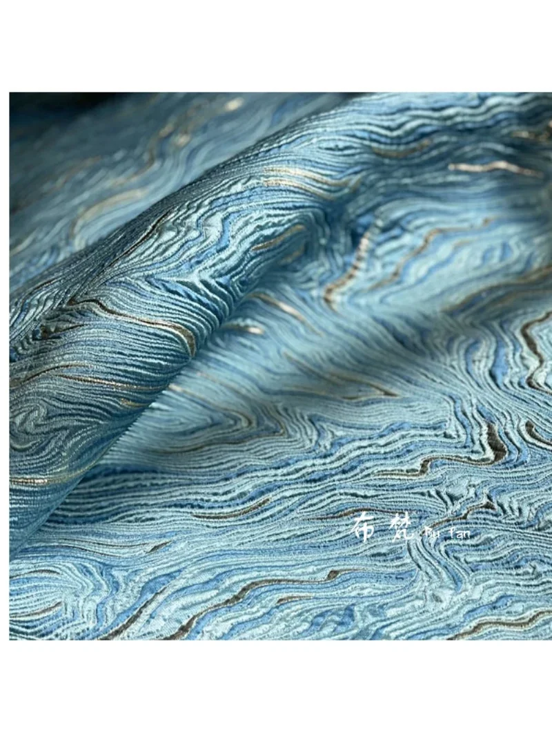 Трехмерная блестящая жаккардовая ткань синего цвета с текстурой океана