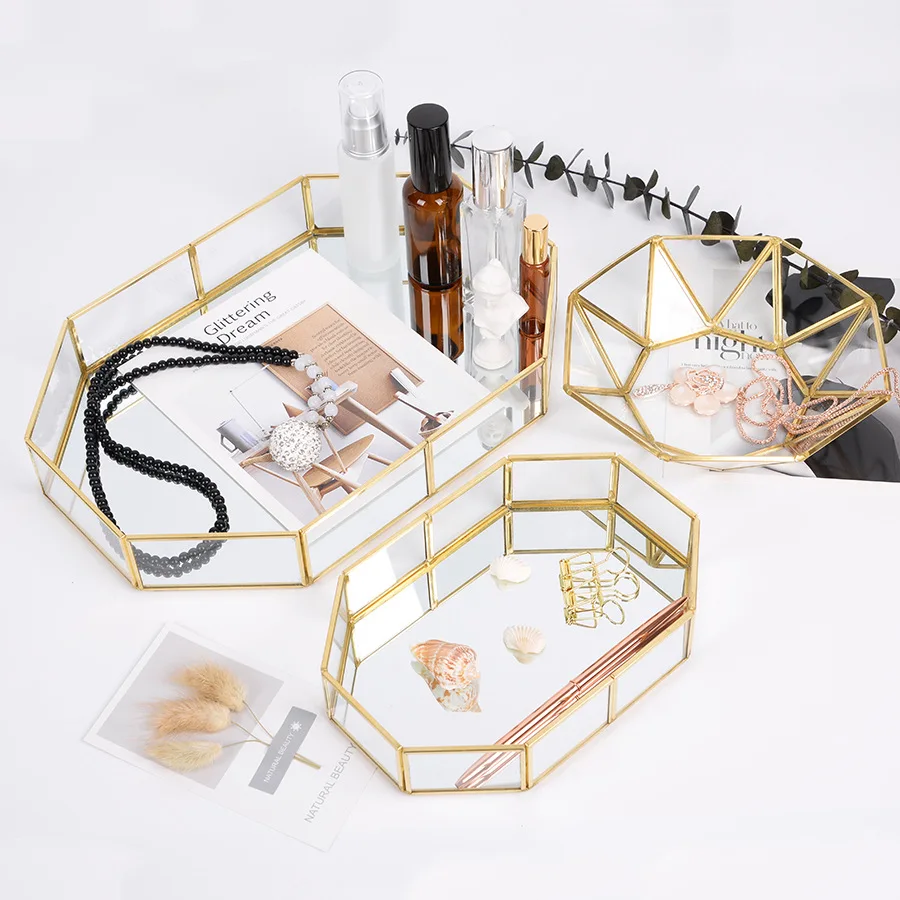 

Golden Mirror Tray Cosmetic Container Jewelry Organizer Case Bathroom Storage Lipstick Necklace Desktop Makeup Storage Tray Orga