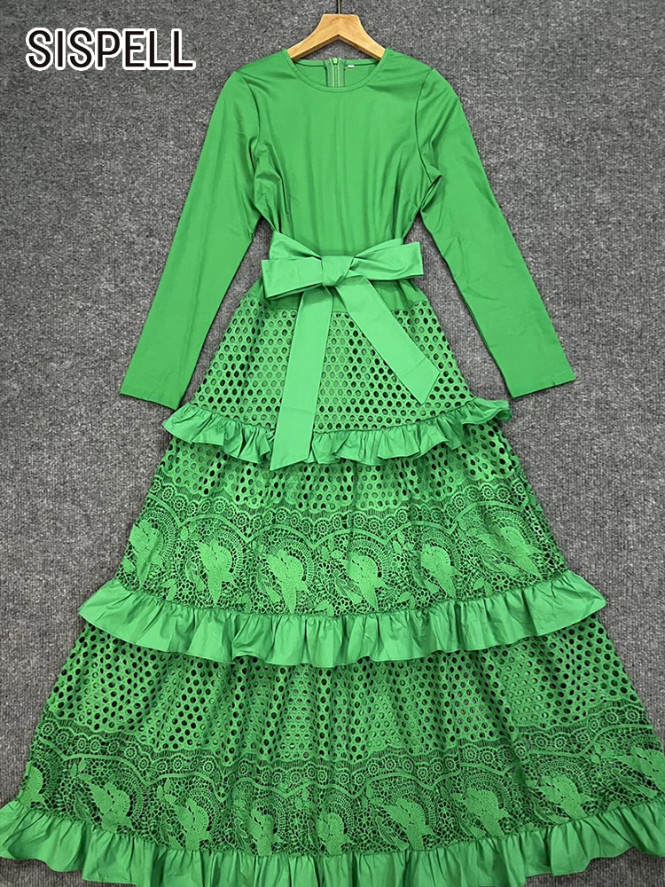 

SISPELL Hollow Out Dress For Women Round Neck Long Sleeve Patchwork Bowknot Solid Ruffles Dresses Female Summer Fashion 2023 New