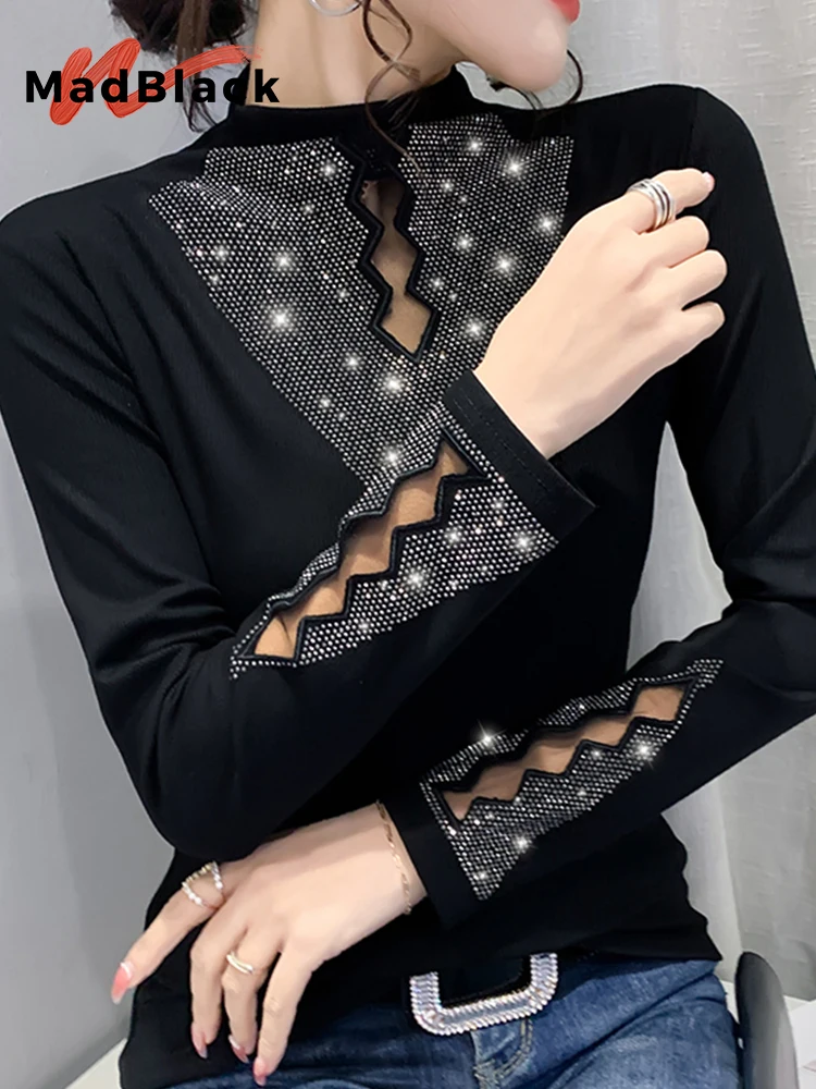 Весенняя европейская одежда MadBlack, футболка, сексуальные модные Лоскутные кружевные блестящие Женские топы с длинным рукавом T31703X