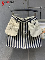 original european 2022 summer fashion vertical striped denim skirt women simple casual 3d pocket letters printed a line skirt
