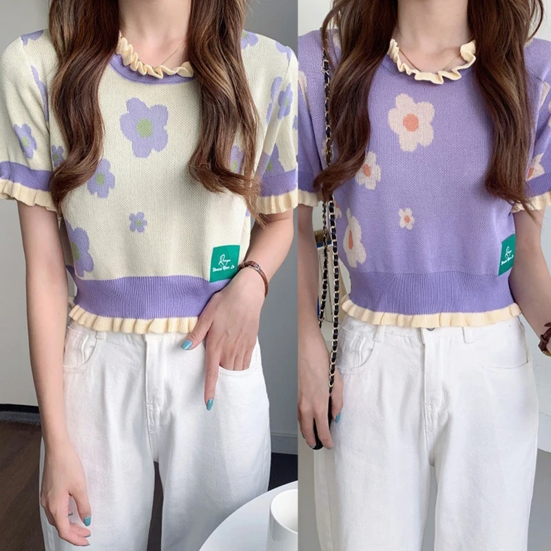 

Korean Style Women Crop Top Colorblock Short Sleeve Slim Fit T-Shirt Summer Vintage Floral Printed Ruffles Trim Tee