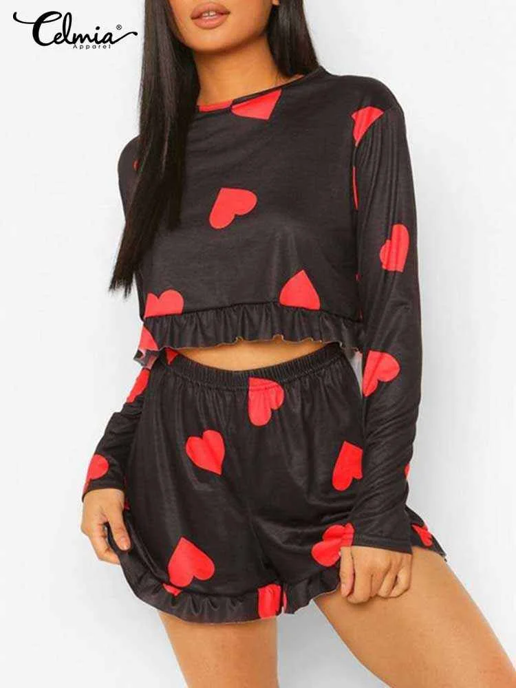 Celmia Women Heart Print Pajamas Sets 2023 Fashion Summer Long Sleeve Pajamas Suit Casual Loose Soft Loungewear Shorts Sleepwear