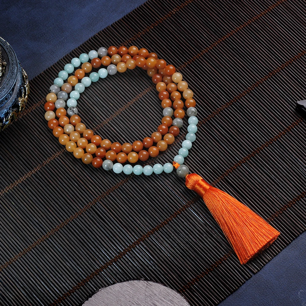 Women's necklace for healing and meditation, 8mm necklace with beads, orange cotton necklace with tassel, japamala 108, fountain