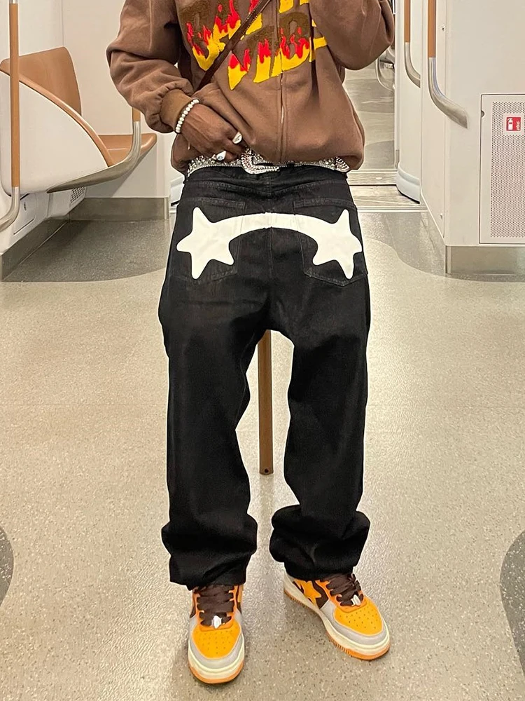 

Y2K Fashion Black Star Print Jeans Men 2023 Spring Design Casual Low Waist Loose Straight Loose Jeans Trousers Men Clothing