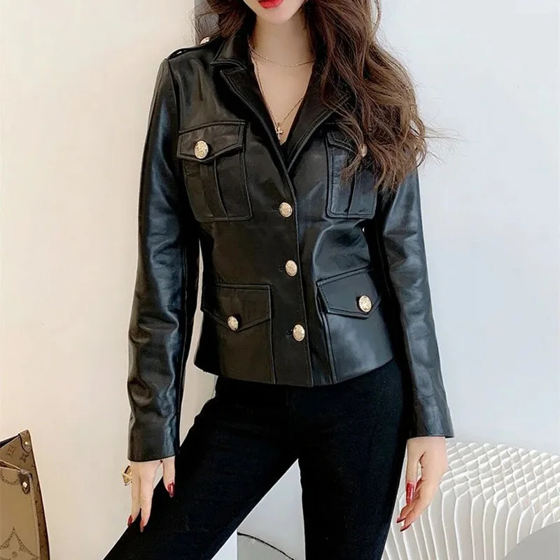 2022 New Lady Leather Jackets Single-Breasted Genuine Sheepskin Leather Coat Gold Buttons Elegant Fashion Streetwear TF8292