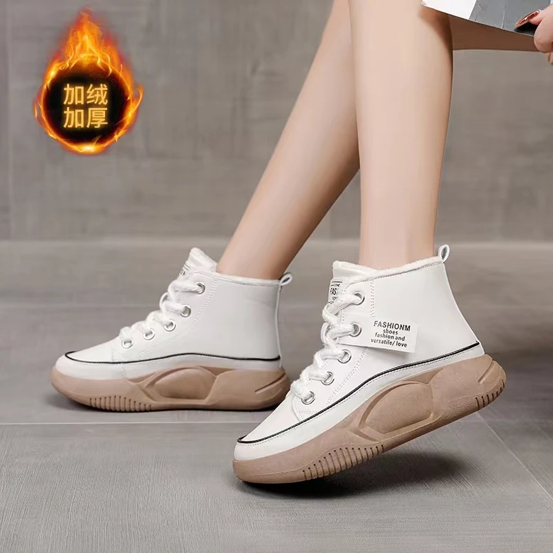 2022 New Winter Women Ankle Boots Warm Plush Woman Vulcanized Shoes PU Walking Sneakers Casual Flats Lace Up Ladies Snow Shoes