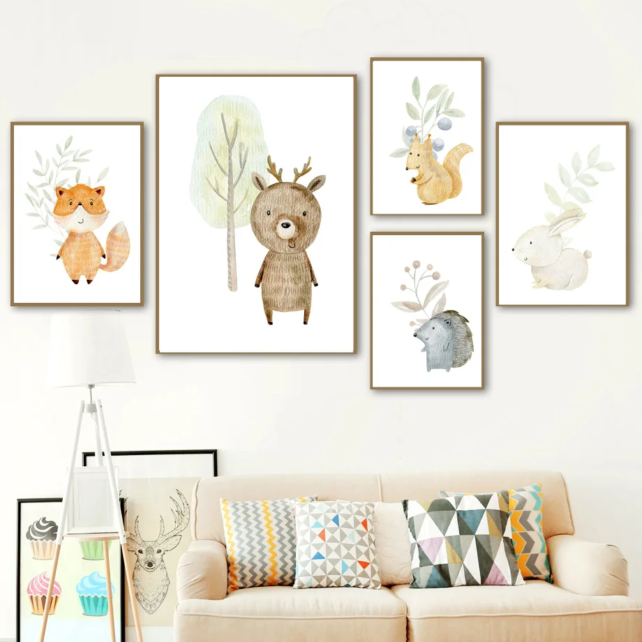 

Настраиваемый настенный постер с изображением медведя лисы кролика Ежика белки джунглей животных картина для детской комнаты
