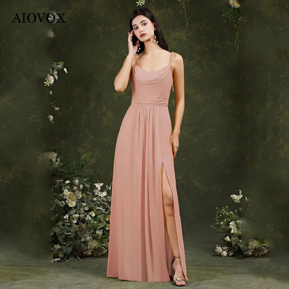 

AIOVOX Summer Chiffon Bridesmaid Dresses For Women 2023 Simple Spaghetti Straps Gown Split Wedding Guest Party Long Maxi Dresses