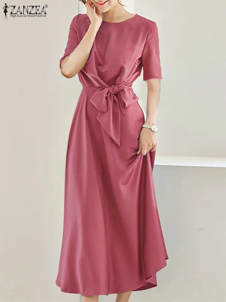 

Oversized Women Holiday Summer Satin Midi Dress 2023 Casual Baggy Solid Sundress ZANZEA OL Loose Belted Party Robe Femme Longue