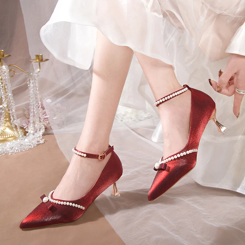 

Туфли-лодочки Rimocy с жемчужным ремешком на щиколотке, женские пикантные шелковые туфли на тонком высоком каблуке, свадебные туфли для вечери...