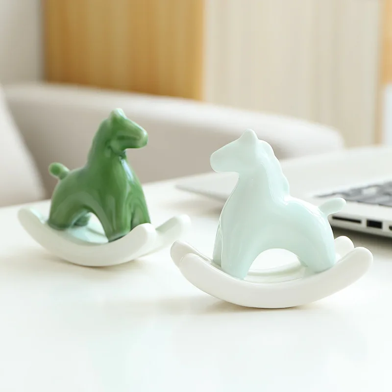 

Creative Ceramic Rocking Horse Ornaments Desktop Porch Tea Table Study Soft Decoration Green Horse Handicraft Ornaments